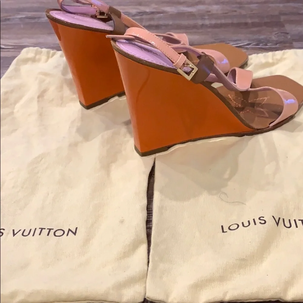 Louis Vuitton Pink and Brown Patent Leather Wedge Sandals